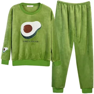 NHMDE Winter Damen Pyjama,Mode Winter Wärme Damen Avocado Druck Pyjamas Set Dicke Fleece Grün Seide Flanell Pyjamas Satin Weichen Plüsch Elegant Und Bequem Schlaf, M