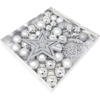 ToCi Christbaumschmuck Set 45-teilig Silber – Weihnachtskugeln, Sterne & Perlenkette - Glänzende & Matte Kugeln aus Kunststoff - Bruchsicherer Baumschmuck für Weihnachtsbaum & Kranz