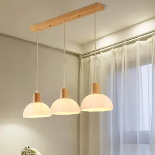 Vintage Holz Pendelleuchte Esszimmer Esstisch Lampe Rechteck Design, Kreativ Decke Kronleuchter Modern Weiß Rund Glas Schirm, Hängelampe Arbeitszimmer Büro Küchenbar, Höhenverstellbar 3-flammig, D60cm