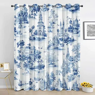 Generisch Blau Weiß Toile De Jouy Vorhänge, Französische Landhaus Gardinen Blickdicht Kurz, Vorhang mit ösen 2er Set H 137 x B 117, Thermo Verdunklungsvorhänge für Küche Schlafzimmer Deko Dv-s304