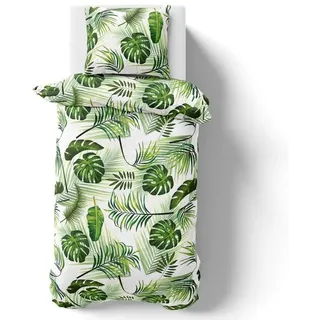 Visaggio Bettwäsche Tropical 135x200 155x220 Bettbezug Allergiker geeignet, Microfaser, 2 teilig, Tropische Blätter Bettbezug Dschungel grün