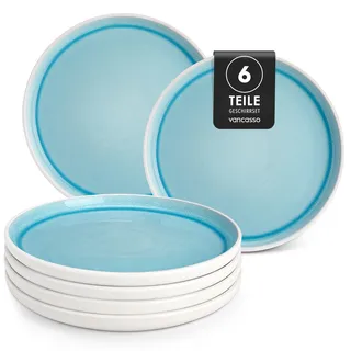 Steingut Teller Set 6 personen, vancasso ELBA Speiseteller flach ø 26 cm, Essteller für Pasta, Salat, Dessert, Frühstück, Geschirr für Spülmaschine und Mikrowelle, Servierteller mit randerhöhung, Blau