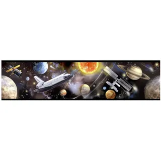 RoomMates RMK4408BD Selbstklebende Bordüre Voyage au Espace Voyage Dans la Espace Vinyl, schwarz, weiß et gelb, 12,7 cm x 4,57 m