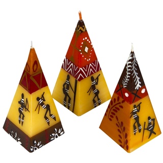 Afrika-Deko Formkerze 3er Set afrikanische Pyramidenkerzen (Spar-Set, 3 Kerzen), Afrika-Deko 3er Kerzenset handbemalte Pyramidenkerzen aus Afrika handgefertigte afrikanische Pyramiden Kerze in verschiedene Designs bunt