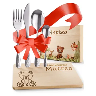 DEschenk personalisiertes Kinderbesteck mit Namensgravur | Besteck Kinder mit Gravur | Kindergeschirr personalisiert | Weihnachtsgeschenke für Babys | Taufgeschenk (Waldtiere Set)