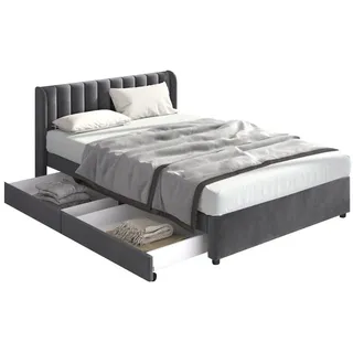 Flieks Polsterbett, Samt Stauraumbett mit 2 Schubladen 160x200cm grau 166 cm x 207.5 cm x 95 cm
