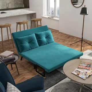 4-in-1-schlafsofa Für 2 Personen, 5-fach Verstellbare Rückenlehne, Klappbares Doppelschlafsofa Mit 2 Kissen, Gepolsterter Sitz, Samtbezug Für Zuhause Und Büro, 102 X 73 X 81 Cm, Dunkelblau