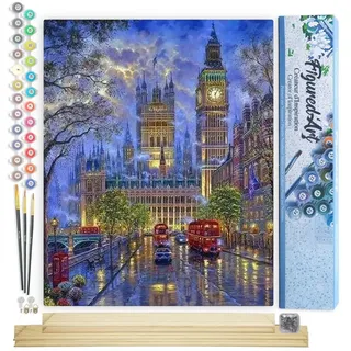 Figured'Art Malen Nach Zahlen Erwachsene Mit Rahmen London in der Dämmerung - Paint by Numbers Basteln DIY Bastelset 40x50cm Mit Keilrahmen (nicht gespannt)