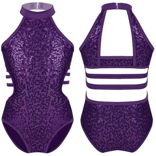 RRYPBOVG Turn Anzug Kinder Mädchen Gymnastikanzug Glitzer Pailletten Tanzkleidung Ärmellos Cutouts Rücken Riemchen an der Taille Ballett Tanzoverall(Purple,10)