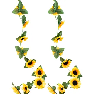 TAFACE 2 x Sonnenblumenkränze, Gesamtlänge je 2,3 m, künstliche Efeu-Ranken, Sonnenblumenkranz aus Seide, Hänge-Sonnenblumen-Rattan, für Garten, Wanddekoration, 2 Stück