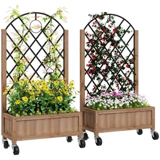 Outsunny 2er Set Hochbeet Pflanzkasten mit Rolle, Rankgitter, Spalier Pflanzkübel Blumenkasten Holz, Gartenspalier 152x25x97cm für Garten Balkon