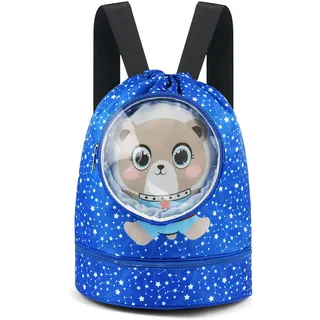 Alaoo Schwimmtasche Kinder, Strandrucksack mit Trennung Schuhfach, Badetasche Kinder, Nasser und Trockener Sportrucksack, wasserdichte Tasche innen,verstellbar Riemen, große Kapazität (Blau)