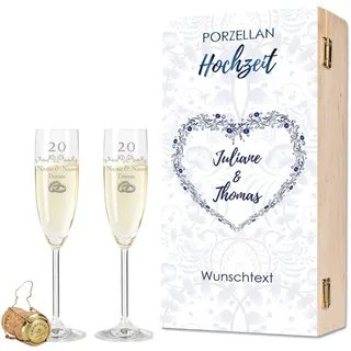 GRAVURZEILE Leonardo Sektgläser mit Gravur - Porzellanhochzeit 20 Jahre - Personalisiert mit Namen & Datum inkl. Holzkiste - Geschenk zur Hochzeit Verlobung Jahrestag - Farbe: Sekt