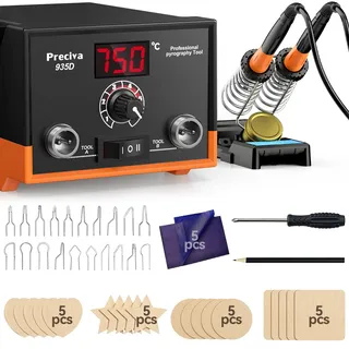 Brandmalstation, Preciva Brandmalerei Set 935D Bastelset Lötstation Lötkolben Set, Dual Brennkolben mit Displayanzeige 250-750 °C Holzbrennstation mit Holzscheiben für Holz, Leder und Kork DIY