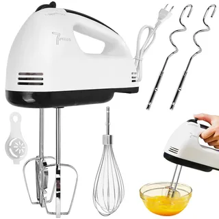 Elektrisch Handrührgerät: 7 StuFen Rührgerät Handmixer mit Ergonomischer Griff, Elektrischer Schneebesen mit 2 Rührbesen & 2 Edelstahl-Knethaken & 1 Schneebesen & 1 Eiertrenner, Spülmaschinenfest