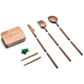 Outlery Besteck-Set Reisebesteck-Set Edelstahl mit Aufbewahrungsdose - Rosegold (4-tlg), Edelstahl, ultra kompakt, für Reisen, Messer, Gabel und Löffel für eine Person goldfarben