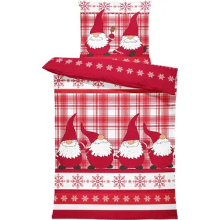4 teilig Winter Bettwäsche 135x200 cm Wichtel kariert rot Flausch Thermofleece - Rot