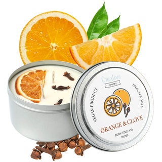 Creative Home Orange Nelken Sojawachs Duftkerze | 45 Stunden Brenndauer | 100% Vegan in Dose | 180 ml Bio Aromatische Kerzen | Geschenke Duftkerzen | Entspannungs Deko oder Candle Geschenk