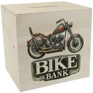 Retro Chopper Motorrad Spardose aus Holz mit Spruch Bike Bank mit Chrom-Elementen stilvoll lackiert mit Schriftzug - perfekte Motorrad Spardose aus Holz für Fans