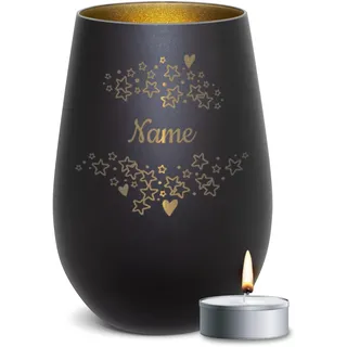 PR Print Royal Schwarzes Windlicht mit Gravur - Sterne - mit Name Personalisieren - Geschenk Valentinstag, Hochzeit, Geburtstag | Individuelle Gravur inkl. Teelicht, 450 ml, Innen Gold