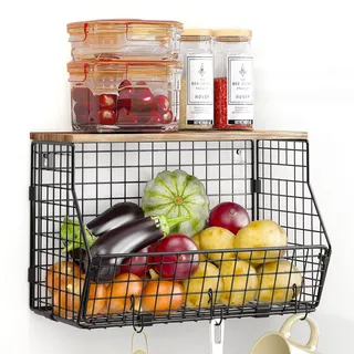 WELDUN Obstkorb aus Metall, hängende Obstschale mit Bananenaufhänger, Stapelbar Küchenorganizer, Obstständer Obstregal, Wand Aufbewahrungskörbe für Gemüse, Obst, Brot