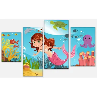 wandmotiv24 Mehrteilige Bilder kleine Meerjungfrau, Kinder Motive (Set, 4 St), Wandbild, Wanddeko, Leinwandbilder in versch. Größen blau 180 cm x 115 cm x 1.8 cm
