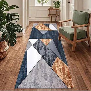 Siunwdiy Grau-blau-weiß-brauner Teppich Läufer 80x380 cm Moderne Geometrische Teppiche rutschfest Waschbar Bettumrandung Schlafzimmer, Teppichläufer für Küche, Flur, Eingangsbereich