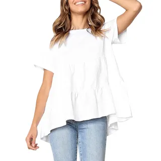 Defal Damen-Tops Sommer Kurzarm locker T-Shirt Babydoll Schößchen - Wei� - XX-Large - XXL