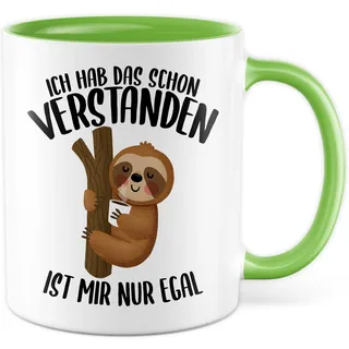 Tasse lustig Faultier Geschenk, Ich hab das schon verstanden - ist mir nur egal Geschenkidee Kaffeetasse mit Spruch lustig Kaffee-Becher Humor Faulpelz Witztasse (Weiß/Grün)