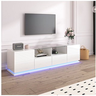 REDOM TV-Schrank Lowboard hochglanz mit Türen und Schubladen, mit Glastischplatte und LED weiß