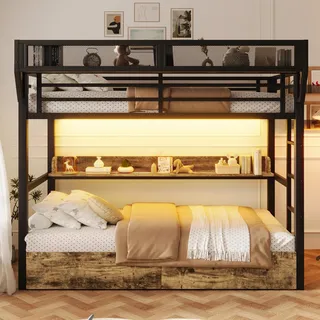 BTM Etagenbett 90 x 200cm Jugendbett mit Schubladen, LED und Aufbewahrungskorb Stockbett für 2 Kinder Schwarz ohne Matratze