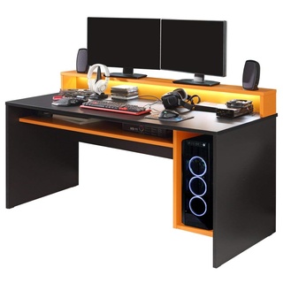 FORTE TEZAUR Gaming Schreibtisch mit LED Beleuchtung, Holzwerkstoff, Schwarz matt kombiniert mit Orange, 94 x 160 x 69 cm