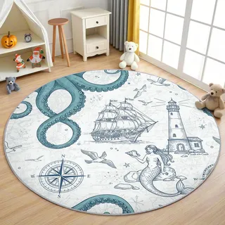 AevuCub Maritim Teppich Rund 90 cm Kurzflor - Waschbare Teppiche Wohnzimmer Leuchtturm Oktopus Schiff Kompass - Runder Teppich 90 Durchmesser - Bettvorleger Schlafzimmer rutschfest Weich