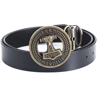 JIARY Herren Gürtel Thor-Hammer-Schnalle, Gürtel Herren Western Cowboy, Ledergürtel mit Wikinger-Thorshammer-Muster Runder Legierungsschnalle Vintage-Gürtel,Black b,115CM/45.3''