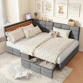 Doppel-tagesbett 140x200 Cm Mit 2 Schubladen Und Led - Gepolstertes Schlafsofa Aus Leinen Mit Usb Und Lattenrost - Für Jugendliche Und Erwachsene - Grau