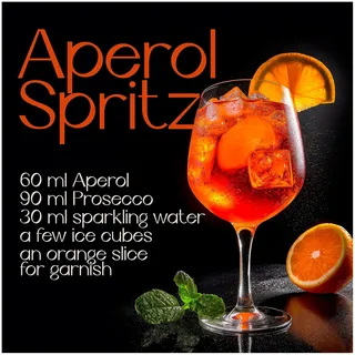 STYLER Küchenbild Recipe Aperol 30 x 30 cm I SPRITZIGE COCKTAILS I Glasbild mit Aperol Spritz Rezept I Bild für Küche & Bar I Deko Wandbild modern I Cocktailbilder Set