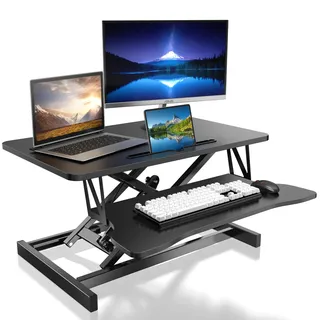 Steh-Sitz Schreibtisch Steharbeitsplatz Stehpult Stehtisch Ergonomische Höhenverstellbar, Arbeitsplatz für zwei Monitore und Laptops mit großer Tastaturablage, Steh-Sitz-Aufsatz für Büro (80CM)