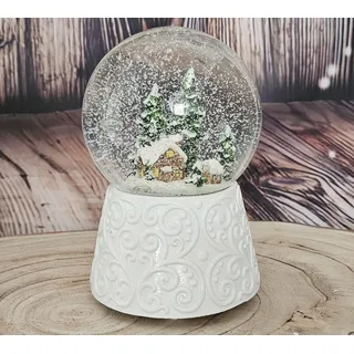 Schneekugel Weihnachten Spieluhr | Hüttenzauber | B: 10 cm | 20326 | Breite: 10 cm, Höhe: 14 cm | Sockel Ornamentrelief weiß | mit Musik | Schüttelkugel Weihnachtsdekoration