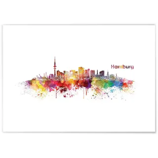 JUNIWORDS Poster mit/ohne Holzrahmen, Wähle ein Motiv, Aquarell Skyline Hamburg, Wähle eine Größe, 60 x 90 cm (XL) ohne Rahmen