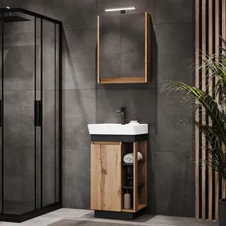 Planetmöbel Nyx Badmöbel Set 2-teilig Waschtisch mit Unterschrank 45 x 85,9 x 42 cm Wotan Eiche/Anthrazit inkl. Spiegelschrank 50 x 65 x 11,4 cm mit LED Aufbauleuchte