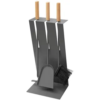 raik Kaminbesteck Gustav 3-teilig aus Stahl Kamin Utensilien anthrazit grau Kamingarnitur mit Holzgriffen Schaufel Besen und Schürhaken 60x23x17 cm