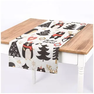 SCHÖNER LEBEN. Tischläufer SCHÖNER LEBEN. Tischläufer Merry Christmas Bär Igel Hirsch Baum ecru, handmade beige|braun|grau|rot|schwarz|weiß