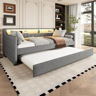 Merax Schlafsofa 90x200 cm Tagesbett Ausziehbar mit USB-Ladebuchse, farbwechselndem LED-Leuchten, Ausziehbett mit Lattenrost, Leinen, Bettrahmen ohne Matratze, Grau