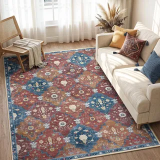 INOVADAY Teppich Wohnzimmer 140x200 cm Boho Waschbarer Teppich Rot/Blau | Moroccan, Kurzflor, Rutschfest, Teppich Schlafzimmer, Esszimmer, OEKO, Weiche, Staubsaugergeeigneter, Haustierfreundlich