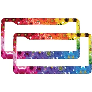 Nummernschild-Rahmen mit Regenbogen-Blumen, universal, rostfrei, wetterfest, Aluminium, 2 Stück