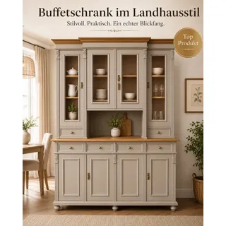 Wohnpalast Buffet Premium Buffetschrank Landhaus Massivholz mit Türen und Schubladen beige|grau