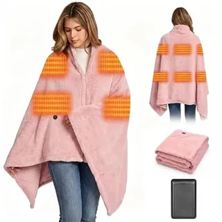 160x90cm Heizdecke Kabellos mit 16000mAh Akku, Waschbar Flanell Heizdecke zum Anziehen mit 6 Heizzonen und 3 Temperaturstufen, USB Elektrische Wärmedecke für Sofa, Büro, Reisen, Camping (Rosa)