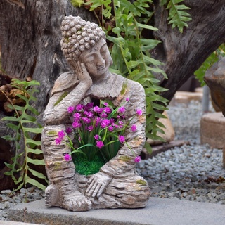 Pevfeciy Buddha Figur groß Originalität Garten Deko Figuren Zen Buddha Kann als Blumentopf verwendet Werden Harz Feng Shui Figuren, H-51 cm/4kg,Optik aus Steinimitat, frostfest wetterfest,Grau