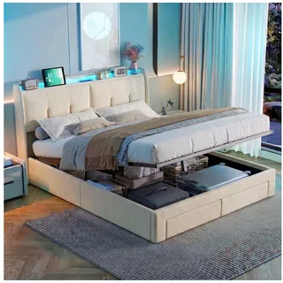 Simurq Polsterbett Doppelbett LED Stauraumbett 160x200 cm (Mit Komforthöhe, Leises Design Bett), inkl. 2 Schubladen, Bettkasten, Lattenrost beige