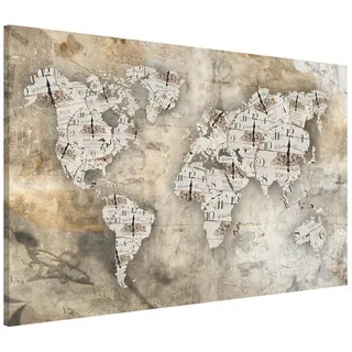 Bilderdepot24 Magnettafel Küche beige Shabby Uhren Weltkarte, (1-tlg., Magnetboard Pinnwand für die Wand - metallische Tafel für Magnete), Magnetwand groß mit Motiv Büro Memoboard magnetisch Querformat beige 90 cm x 60 cm